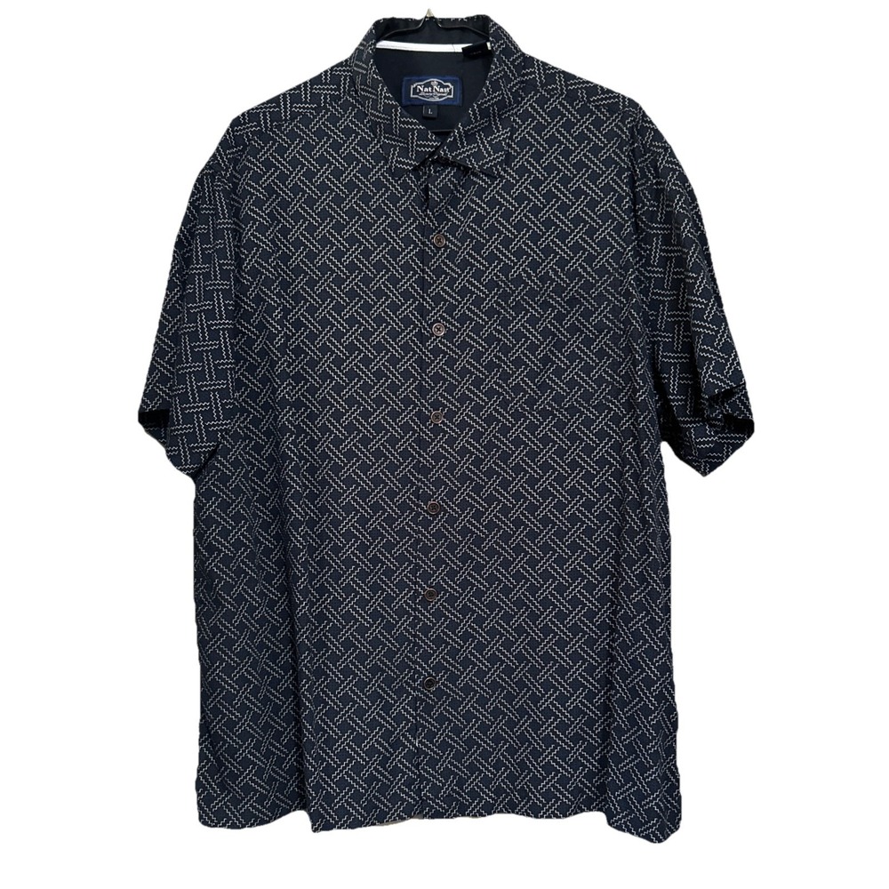 Nat Nast Short Sleeve Casual Camp Dress Shirt Collared Mens‎ L Blue Silk Blend